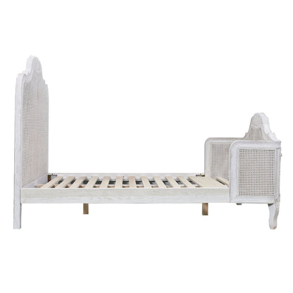 Alice Queen Size Bed Frame Rattan Timber Wood Mattress Base Distressed White - Cosy Abode