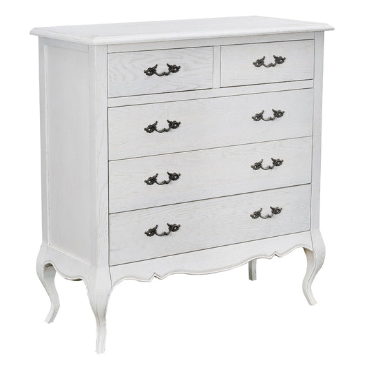 Alice Tallboy 5 Chest of Drawers Storage Cabinet Distressed White - Cosy Abode