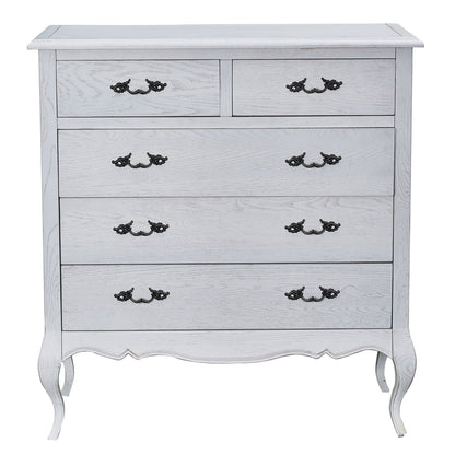 Alice Tallboy 5 Chest of Drawers Storage Cabinet Distressed White - Cosy Abode