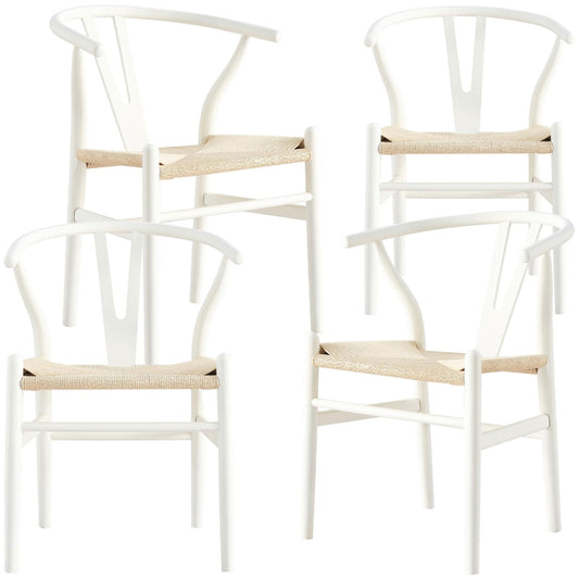 Anemone  Set of 4 Wishbone Dining Chair Beech Timber Replica Hans Wenger - White - Cosy Abode