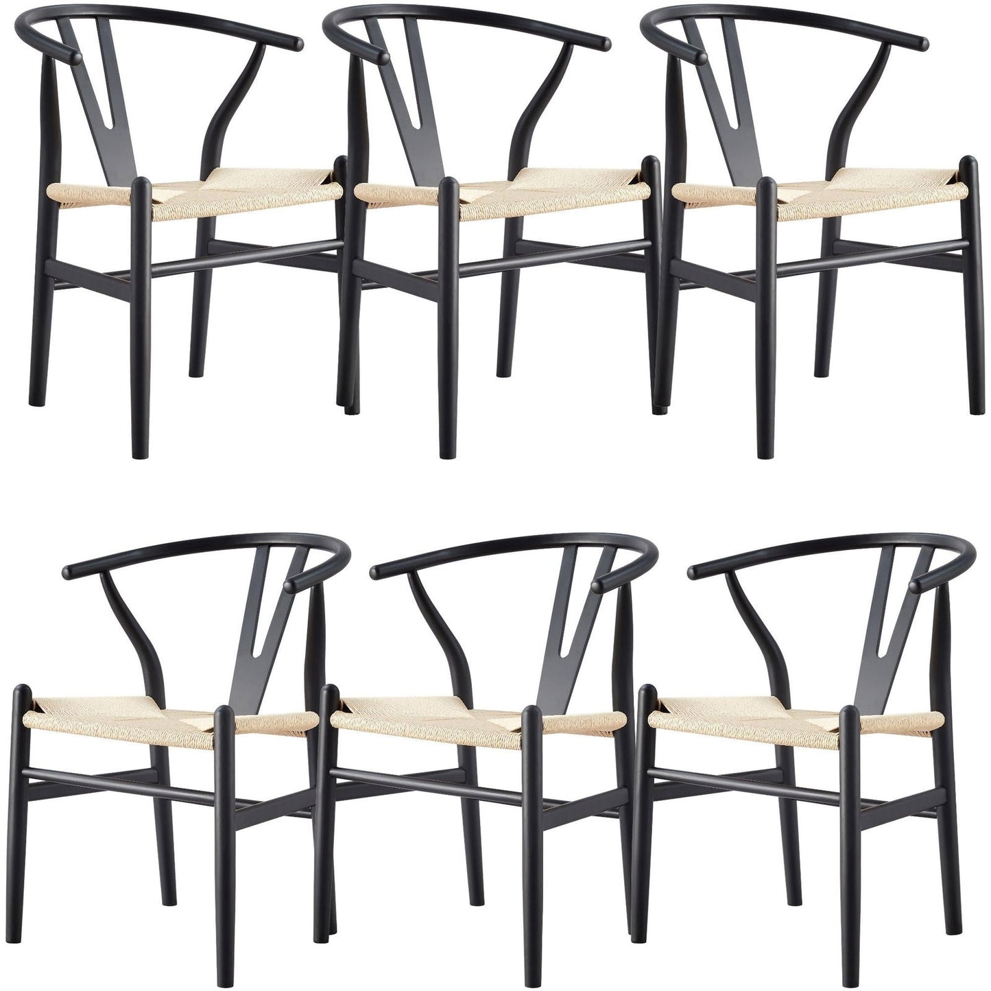 Anemone  Set of 6 Wishbone Dining Chair Beech Timber Replica Hans Wenger - Black - Cosy Abode