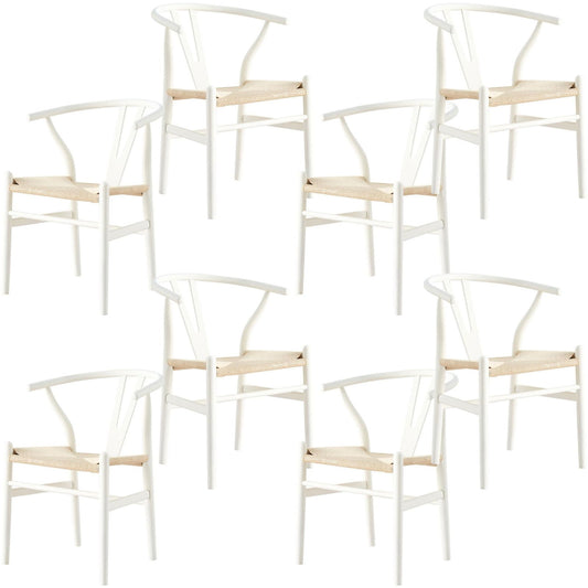 Anemone  Set of 8 Wishbone Dining Chair Beech Timber Replica Hans Wenger - White - Cosy Abode