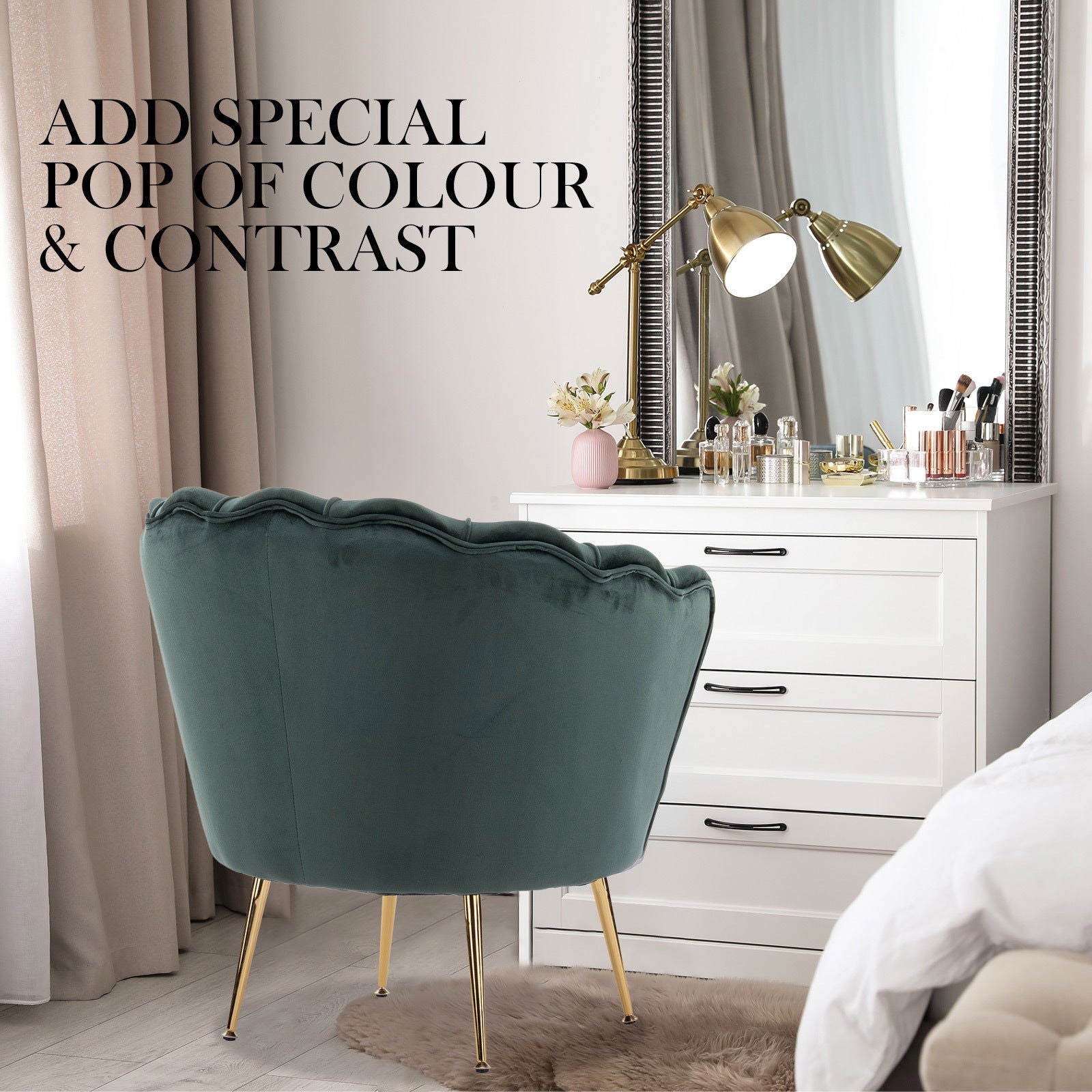 Armchair Lounge Chair Accent Velvet Shell Scallop + Ottoman Footstool Round GREEN - Cosy Abode