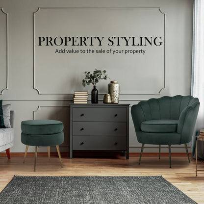 Armchair Lounge Chair Accent Velvet Shell Scallop + Ottoman Footstool Round GREEN - Cosy Abode