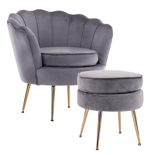 Armchair Lounge Chair Accent Velvet Shell Scallop + Ottoman Footstool Round GREY - Cosy Abode