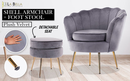 Armchair Lounge Chair Accent Velvet Shell Scallop + Ottoman Footstool Round GREY - Cosy Abode