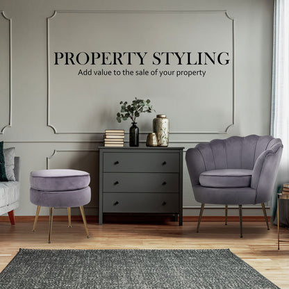 Armchair Lounge Chair Accent Velvet Shell Scallop + Ottoman Footstool Round GREY - Cosy Abode