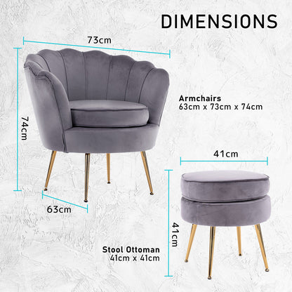 Armchair Lounge Chair Accent Velvet Shell Scallop + Ottoman Footstool Round GREY - Cosy Abode