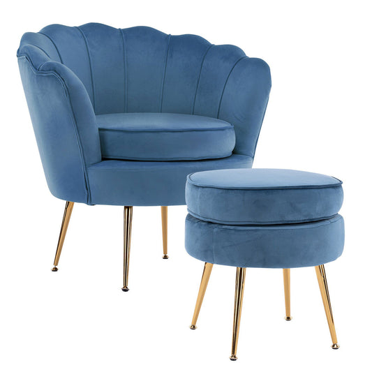 Armchair Lounge Chair Accent Velvet Shell Scallop + Ottoman Footstool Round NAVY BLUE - Cosy Abode