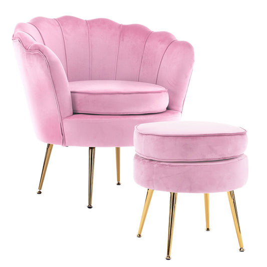 Armchair Lounge Chair Accent Velvet Shell Scallop + Round Ottoman Footstool PINK - Cosy Abode