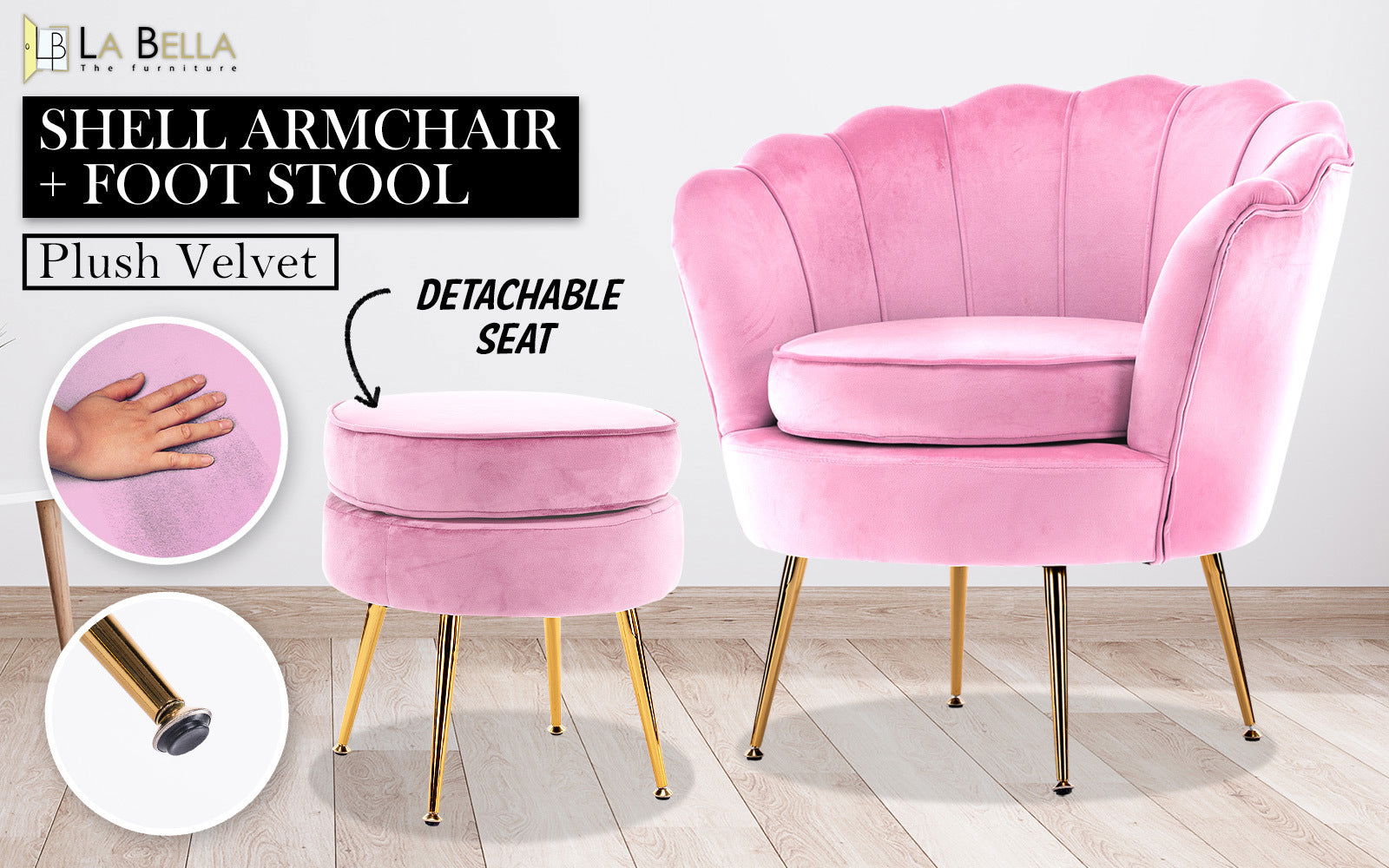 Armchair Lounge Chair Accent Velvet Shell Scallop + Round Ottoman Footstool PINK - Cosy Abode