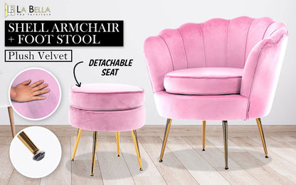 Armchair Lounge Chair Accent Velvet Shell Scallop + Round Ottoman Footstool PINK - Cosy Abode