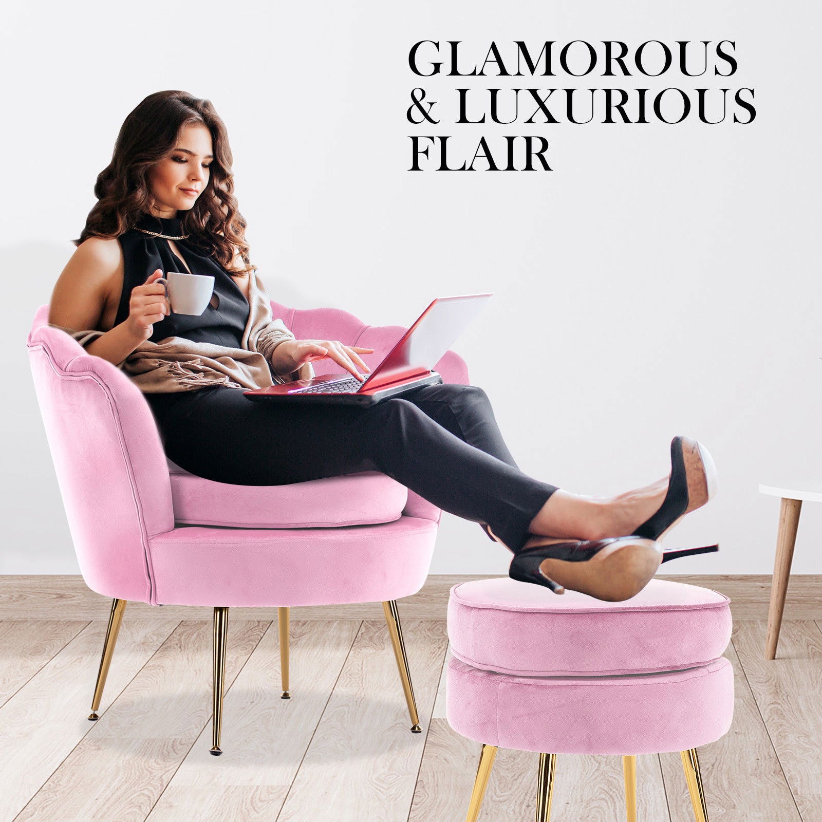 Armchair Lounge Chair Accent Velvet Shell Scallop + Round Ottoman Footstool PINK - Cosy Abode