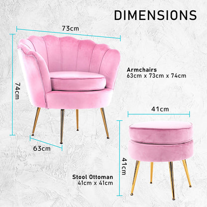 Armchair Lounge Chair Accent Velvet Shell Scallop + Round Ottoman Footstool PINK - Cosy Abode