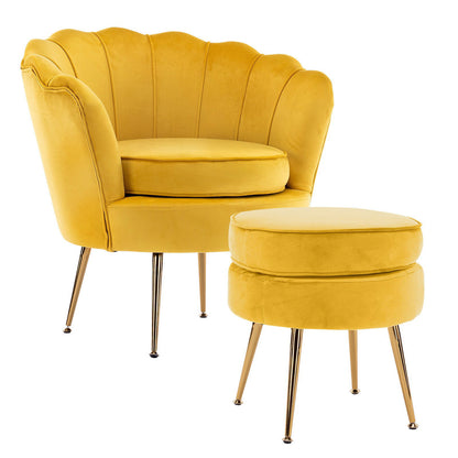Armchair Lounge Chair Accent Velvet Shell Scallop + Round Ottoman Footstool YELLOW - Cosy Abode