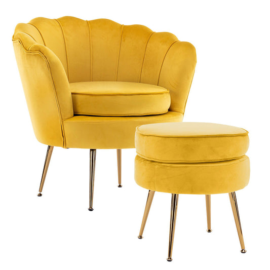 Armchair Lounge Chair Accent Velvet Shell Scallop + Round Ottoman Footstool YELLOW - Cosy Abode