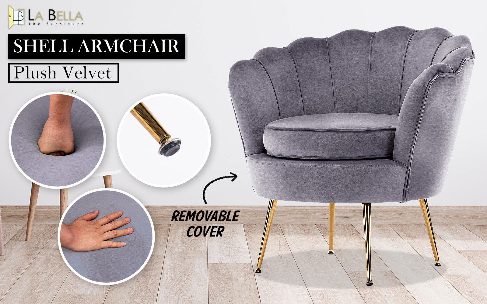 Armchair Padded Lounge Chair Accent Velvet Shell Scallop GREY - Cosy Abode
