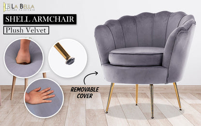 Armchair Padded Lounge Chair Accent Velvet Shell Scallop GREY - Cosy Abode