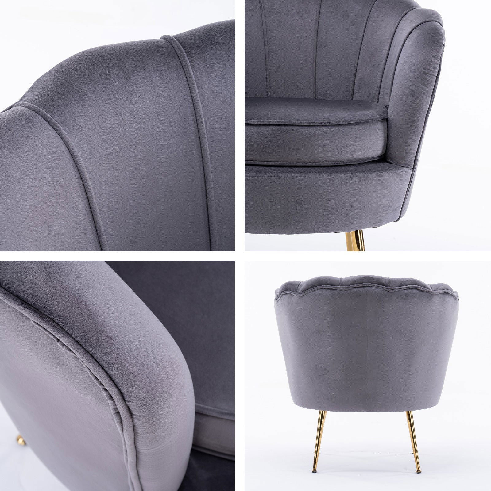 Armchair Padded Lounge Chair Accent Velvet Shell Scallop GREY - Cosy Abode