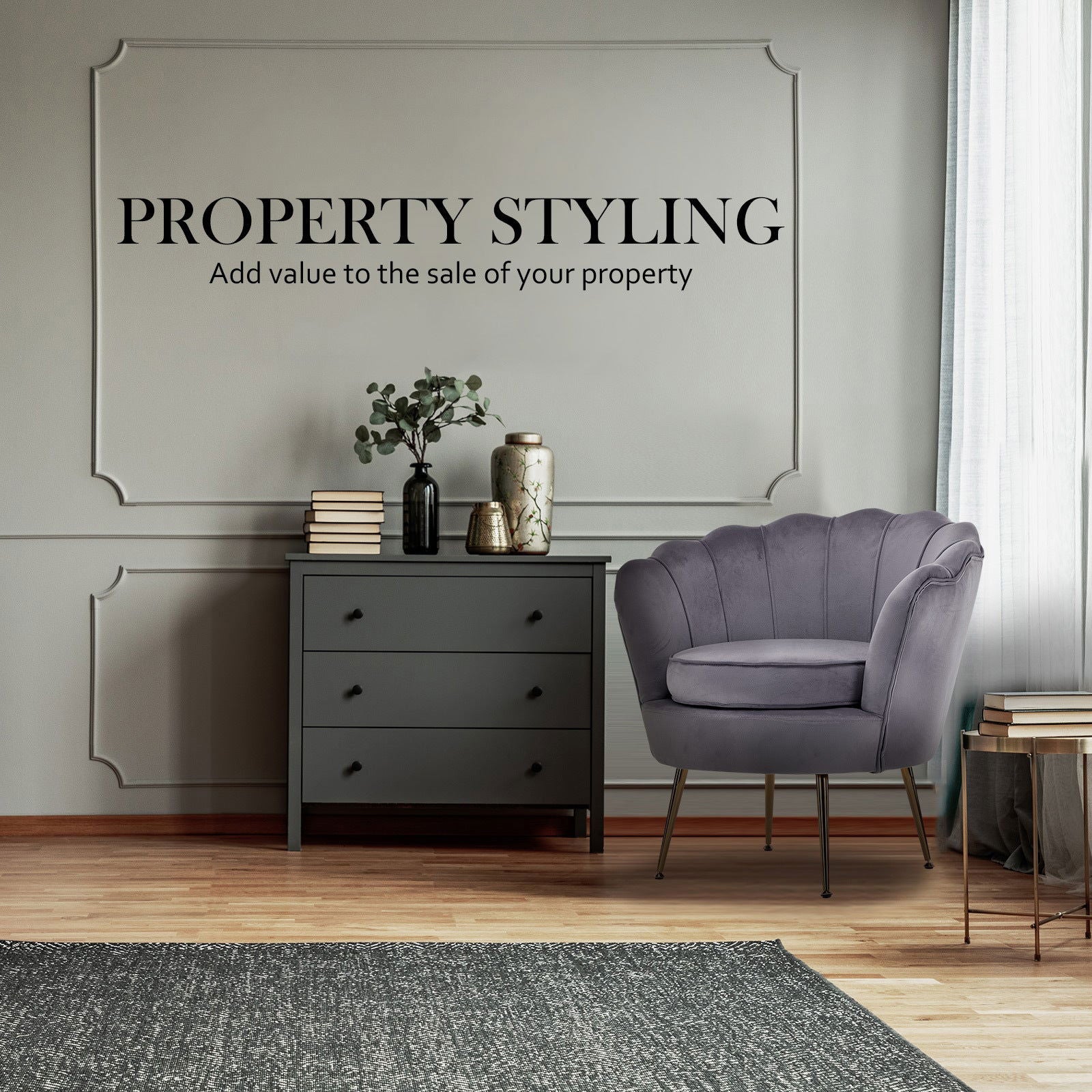 Armchair Padded Lounge Chair Accent Velvet Shell Scallop GREY - Cosy Abode