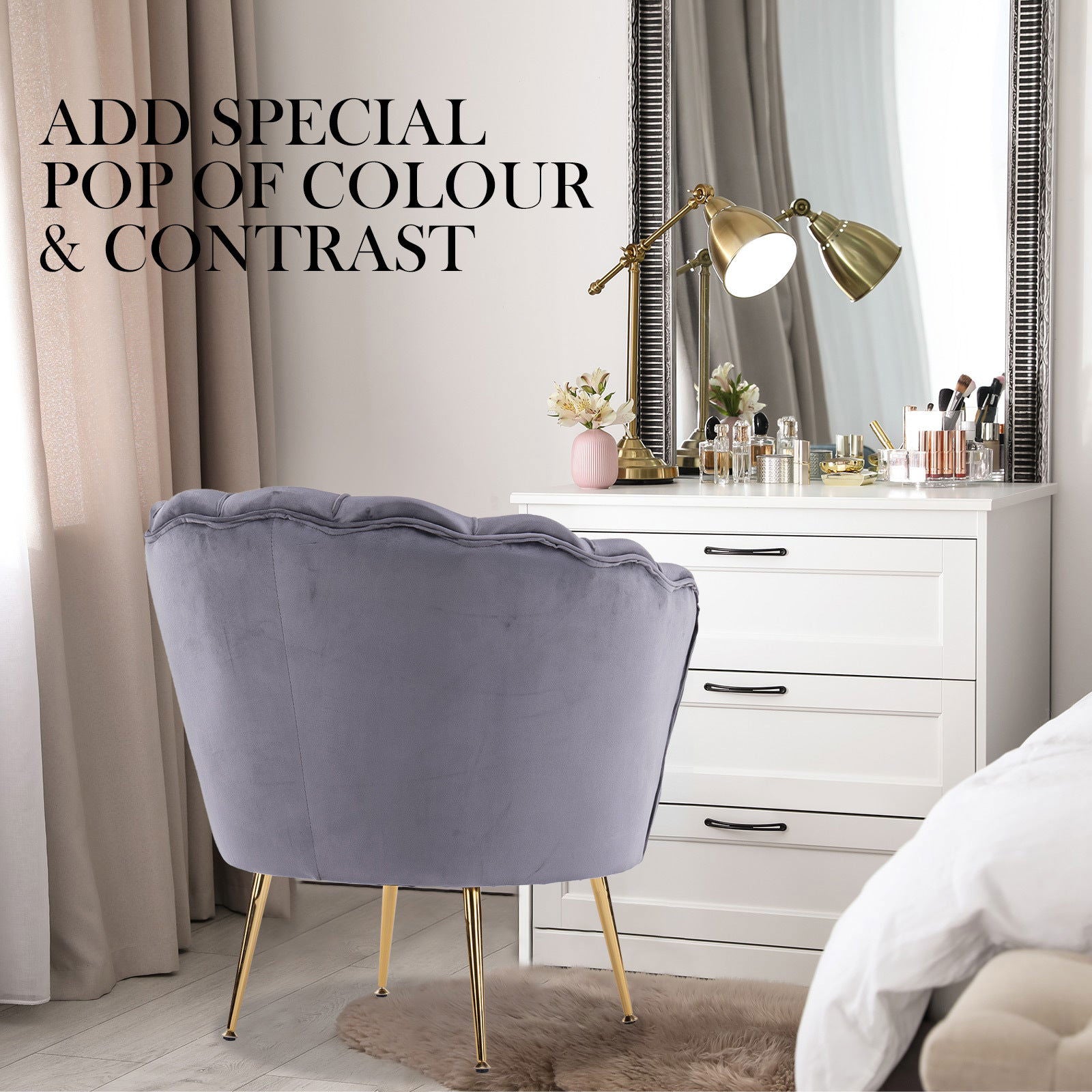 Armchair Padded Lounge Chair Accent Velvet Shell Scallop GREY - Cosy Abode