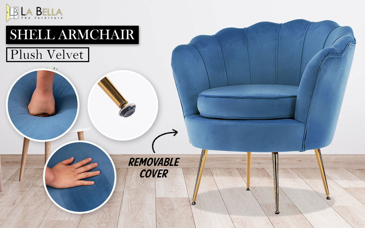 Armchair Padded Lounge Chair Accent Velvet Shell Scallop NAVY BLUE - Cosy Abode