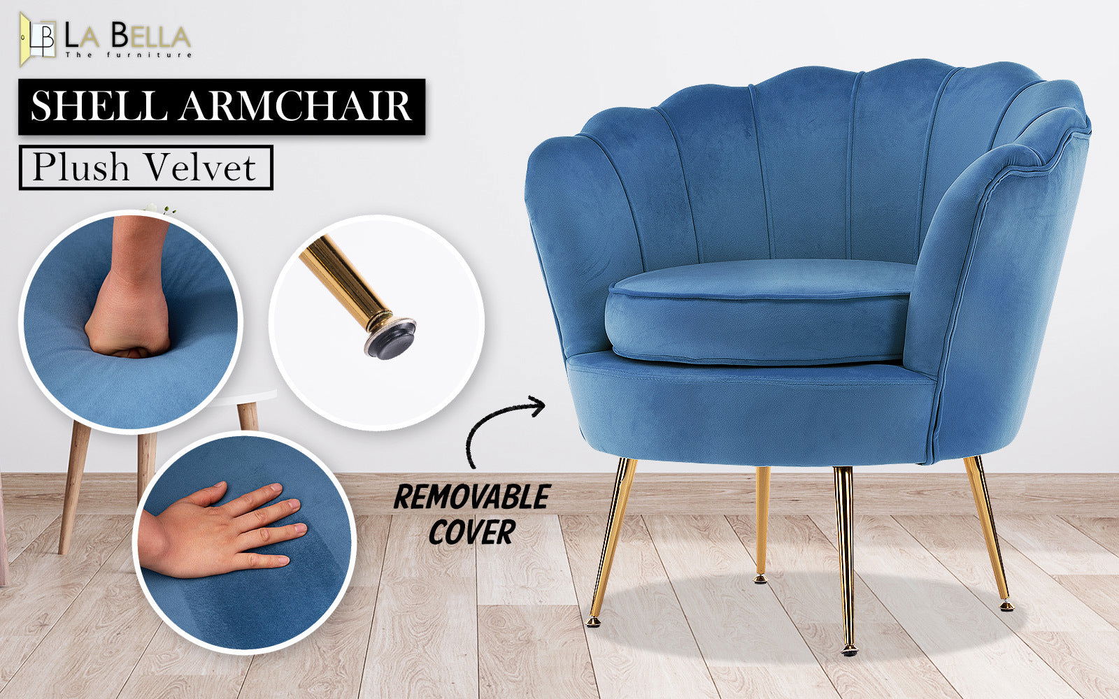 Armchair Padded Lounge Chair Accent Velvet Shell Scallop NAVY BLUE - Cosy Abode