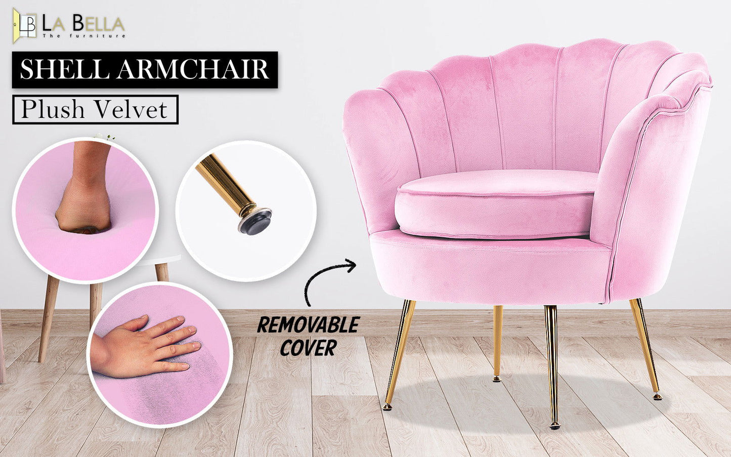 Armchair Padded Lounge Chair Accent Velvet Shell Scallop PINK - Cosy Abode