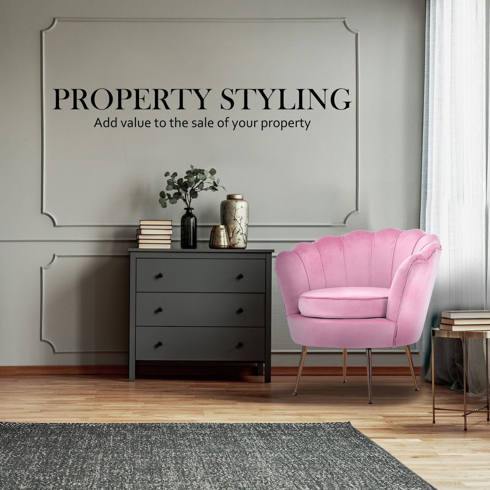 Armchair Padded Lounge Chair Accent Velvet Shell Scallop PINK - Cosy Abode