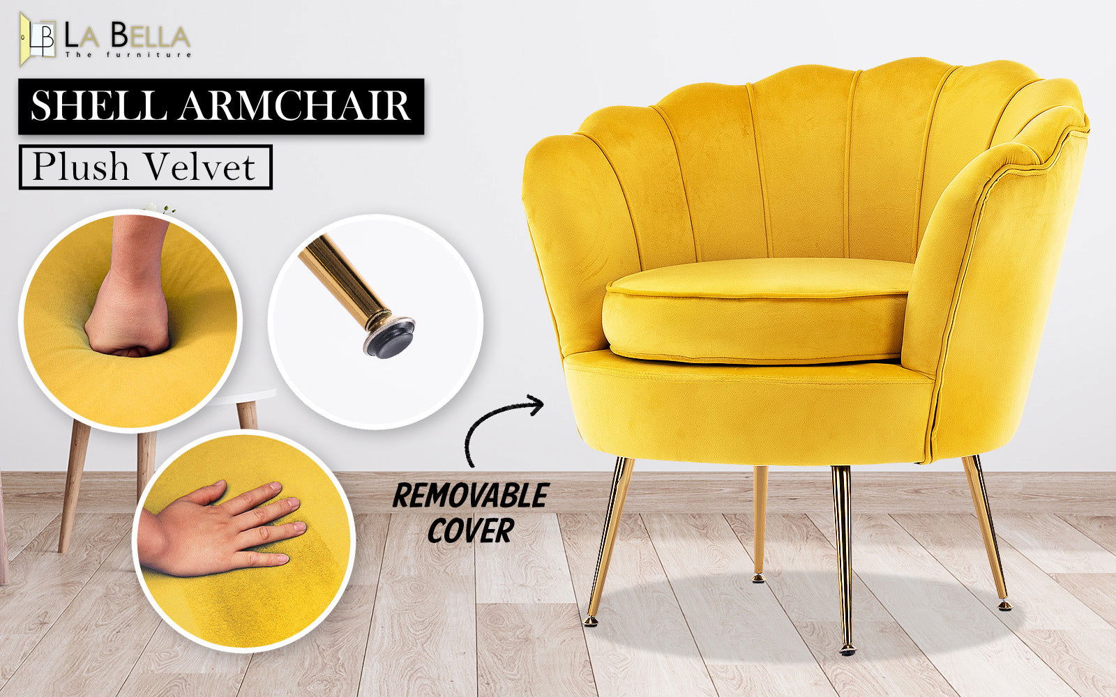 Armchair Padded Lounge Chair Accent Velvet Shell Scallop YELLOW - Cosy Abode