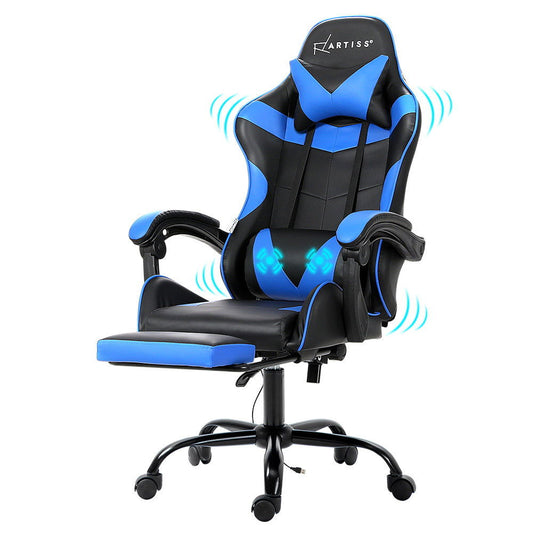 Artiss 2 Point Massage Gaming Office Chair Footrest Blue - Cosy Abode