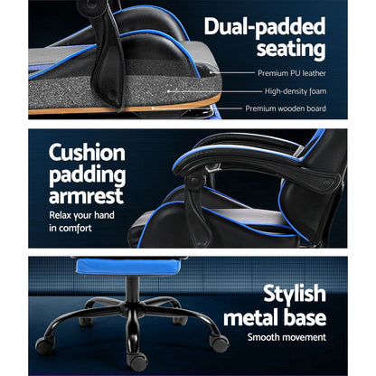 Artiss 2 Point Massage Gaming Office Chair Footrest Blue - Cosy Abode