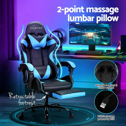 Artiss 2 Point Massage Gaming Office Chair Footrest Cyan Blue - Cosy Abode