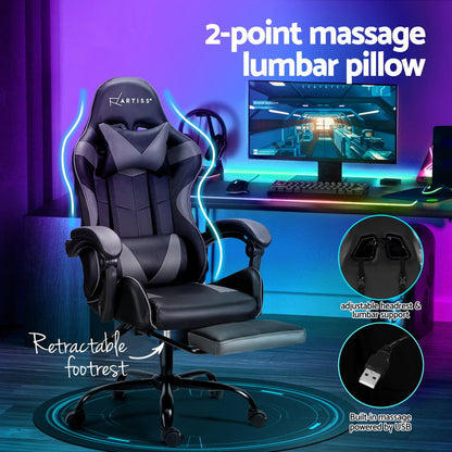 Artiss 2 Point Massage Gaming Office Chair Footrest Grey - Cosy Abode