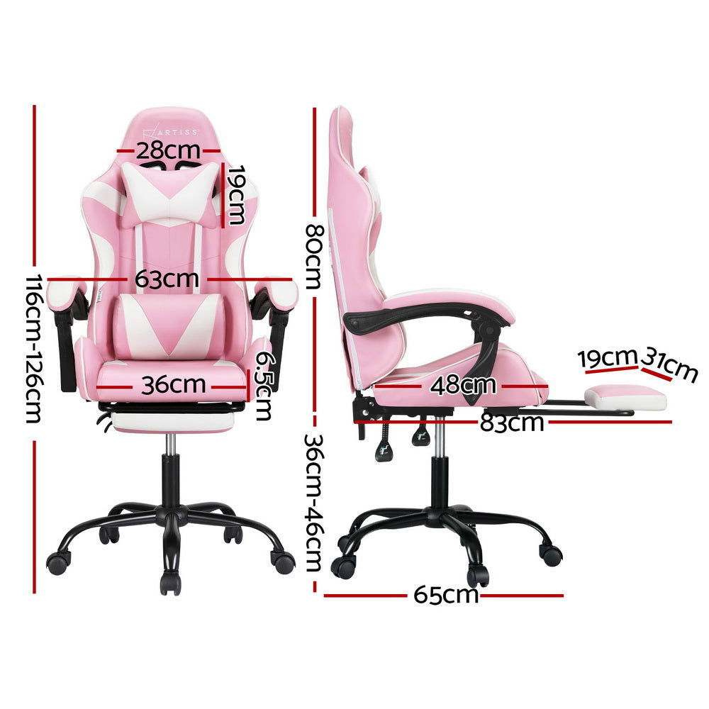 Artiss 2 Point Massage Gaming Office Chair Footrest Pink - Cosy Abode