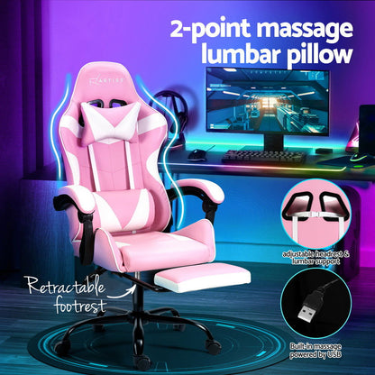 Artiss 2 Point Massage Gaming Office Chair Footrest Pink - Cosy Abode