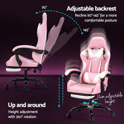 Artiss 2 Point Massage Gaming Office Chair Footrest Pink - Cosy Abode