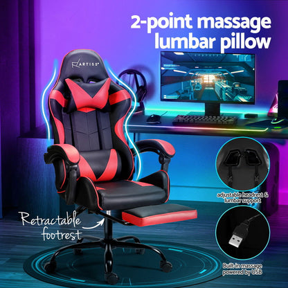 Artiss 2 Point Massage Gaming Office Chair Footrest Red - Cosy Abode