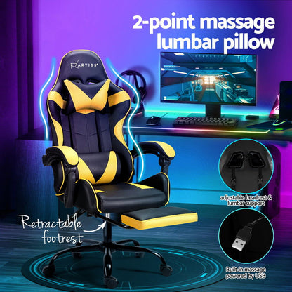 Artiss 2 Point Massage Gaming Office Chair Footrest Yellow - Cosy Abode