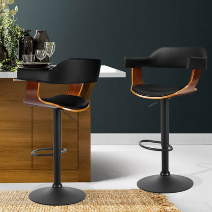 Artiss 2x Bar Stools Gas Lift Leather w/Armrest All Black - Cosy Abode