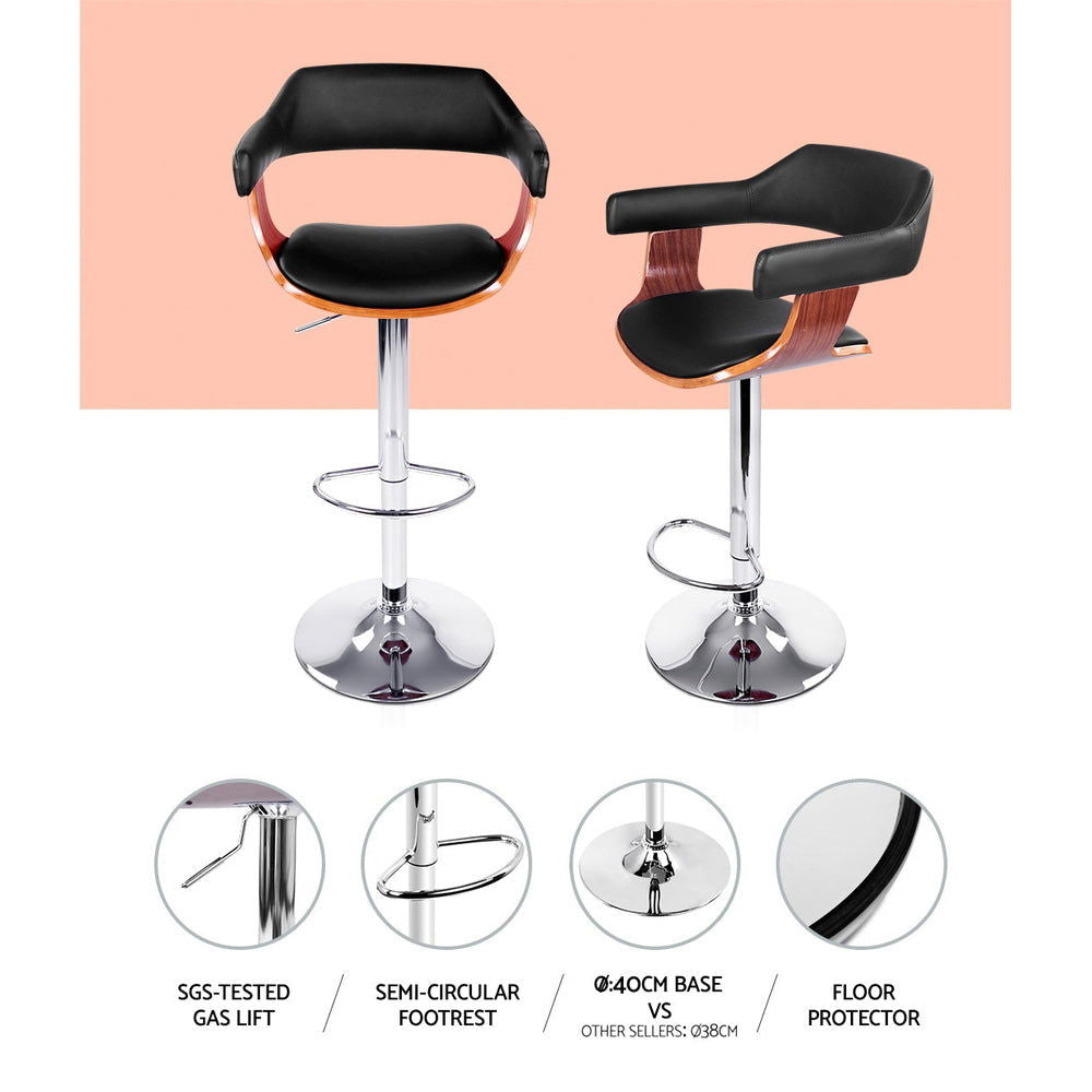 Artiss 2x Bar Stools Gas Lift Leather w/Armrest Black - Cosy Abode