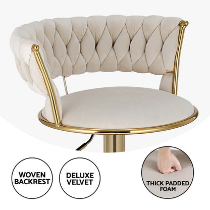 Artiss 2x Bar Stools Gas Lift Velvet Woven Backrest Ivory - Cosy Abode