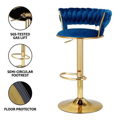 Artiss 2x Bar Stools Gas Lift Velvet Woven Backrest Navy - Cosy Abode