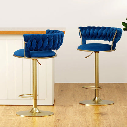 Artiss 2x Bar Stools Gas Lift Velvet Woven Backrest Navy - Cosy Abode