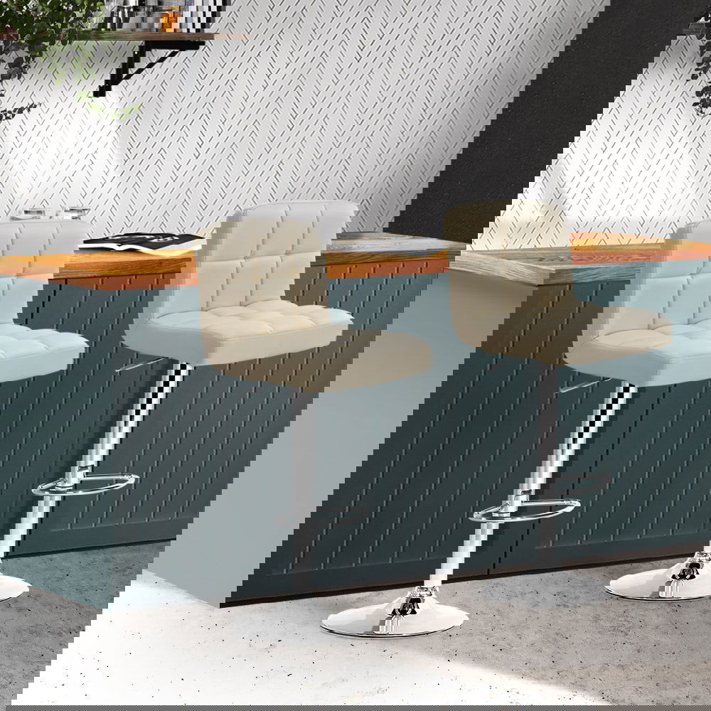 Artiss 2x Bar Stools Leather Gas Lift Beige - Cosy Abode