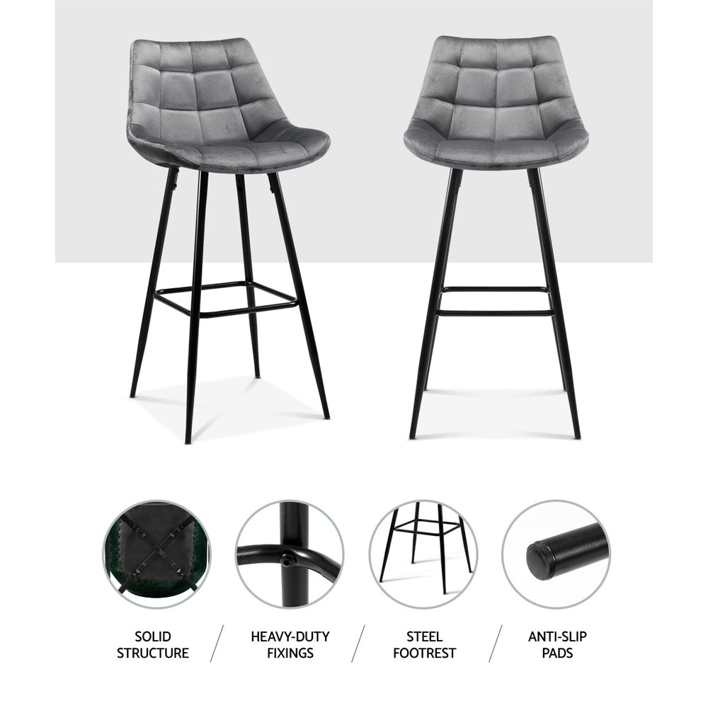Artiss 2x Bar Stools Velvet Chairs Grey - Cosy Abode