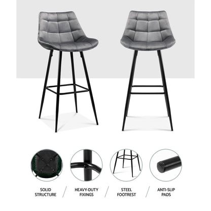 Artiss 2x Bar Stools Velvet Chairs Grey - Cosy Abode