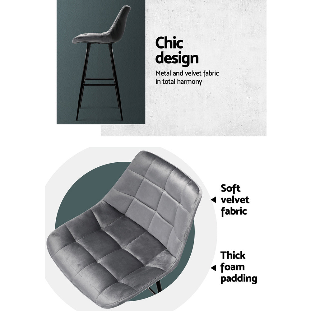 Artiss 2x Bar Stools Velvet Chairs Grey - Cosy Abode