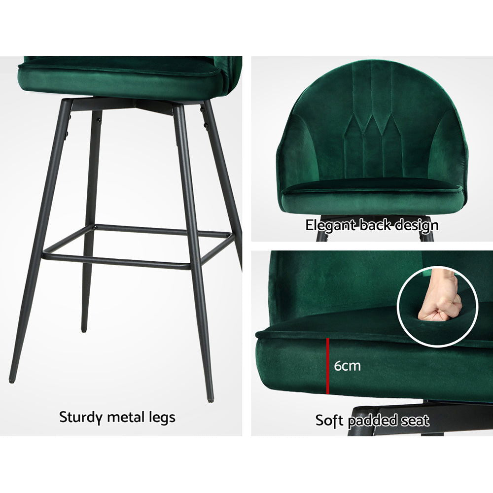 Artiss 2x Bar Stools Velvet Swivel Metal Legs Green - Cosy Abode