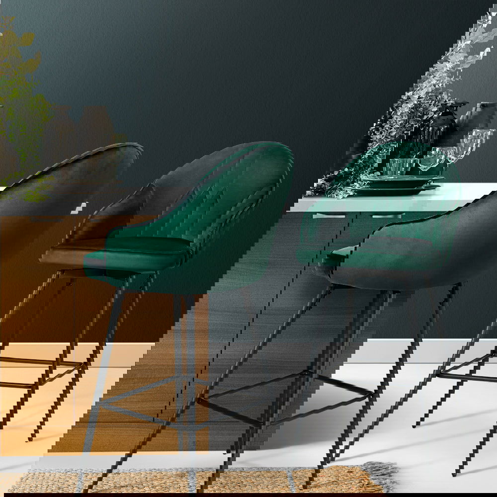 Artiss 2x Bar Stools Velvet Swivel Metal Legs Green - Cosy Abode